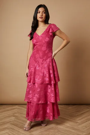 Oasis Plain Jacquard Cap Sleeve Chiffon Ruffle Pleated Maxi Dress