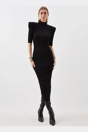 Karen Millen Viscose Blend Rib Knit Power Shoulder Military Trim Maxi Dress