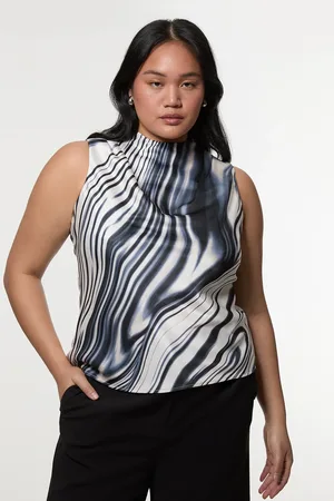 Karen Millen Plus Size Graduated Stripe Viscose Satin Sleeveless High Neck Blouse