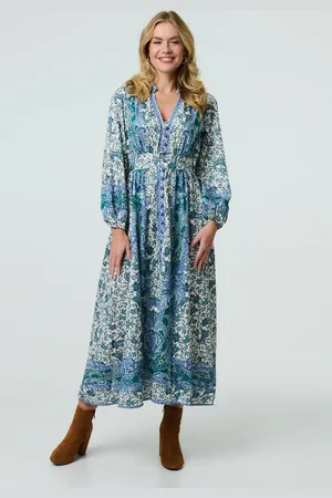 Izabel London Paisley Long Puff Sleeve Empire Maxi Dress