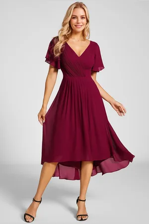 Ever Pretty Spring V Neck Ruffle Sleeve Ruched Midi Wedding guest dresses