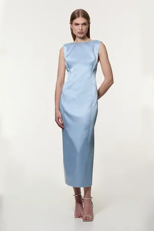Karen Millen Structured Viscose Satin Stitch Detail Tailored Pencil Maxi Dress