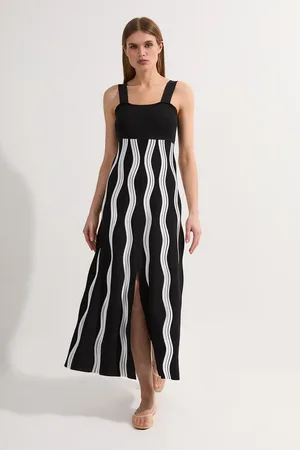 Karen Millen Contrast Wave Knit A-Line Knitted Strappy Dress