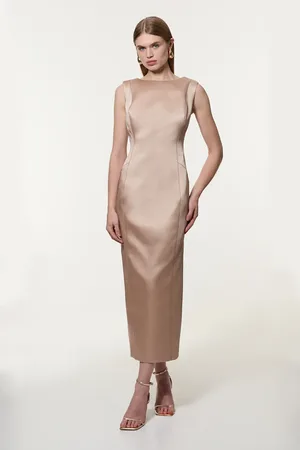 Karen Millen Structured Viscose Satin Stitch Detail Tailored Pencil Maxi Dress