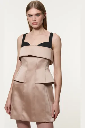Karen Millen Structured Viscose Satin Stitch Detail Tailored Peplum Mini Dress