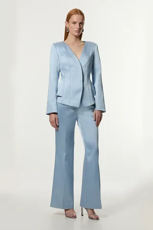 Karen Millen Structured Viscose Satin Stitch Detail Tailored Kickflare Trouser