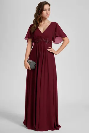 Ever Pretty Elegant spring V Neck Ruffle Sleeve Appliques Ruched Maxi Chiffon Wedding guest dress