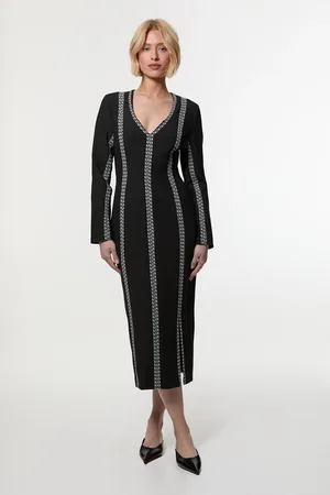Karen Millen Compact Stretch Jacquard Insert Split Front Midaxi Dress
