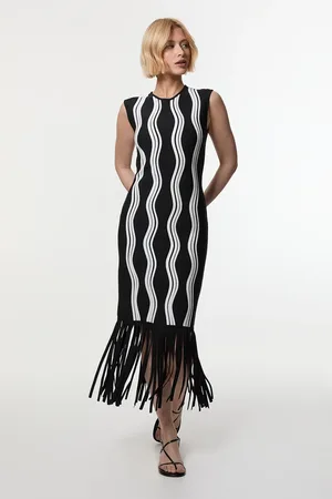 Karen Millen Contrast Wave Knit Dress With Fringing