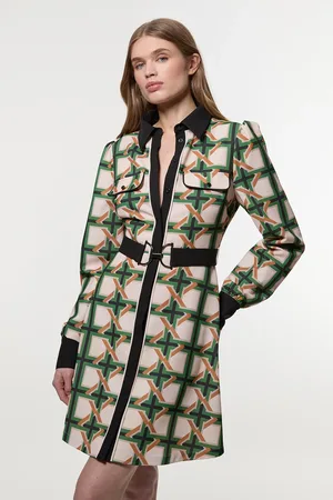 Karen Millen Twill Tie Border Print Long Sleeve Woven Mini Dress