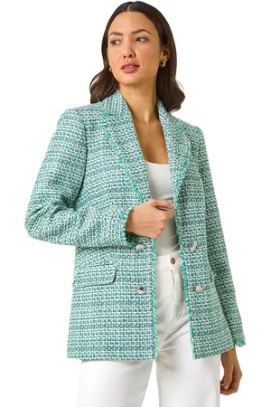 Roman Check Frayed Edge Boucle Button Jacket
