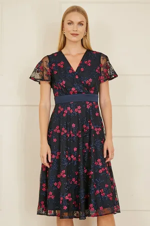 Yumi Embroidered Floral Mesh Wrap Midi Skater Dress