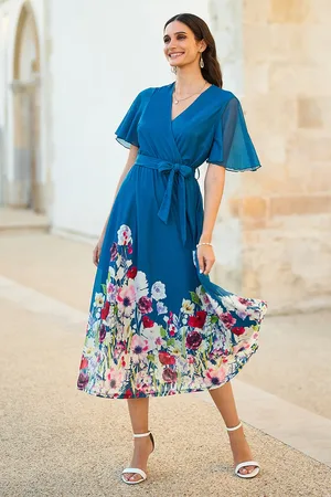 Yumi Mesh Wrap Midi Dress With Floral Hem Border