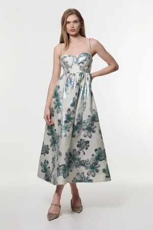 Karen Millen Petite Diamante Trim Bodice Detail Metallic Jacquard Midi Dress