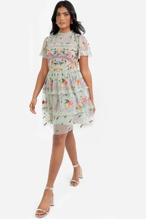 Maya Deluxe Embroidered Short Sleeve High Neck Mini Dress