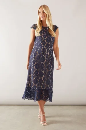wallis Petite Cap Sleeve Flute Hem Contrast Lace Pencil Dress