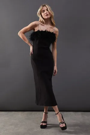 warehouse Feather Detail Diamante Strap Bandeau Midi Dress