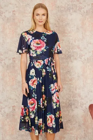 Yumi Mesh Floral Print Midi Dress With Angel Sleeves