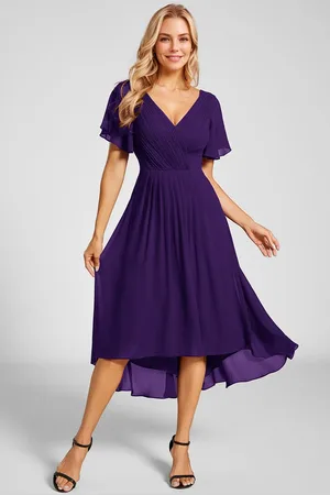 Ever Pretty Spring V Neck Ruffle Sleeve Ruched Midi Wedding guest dresses