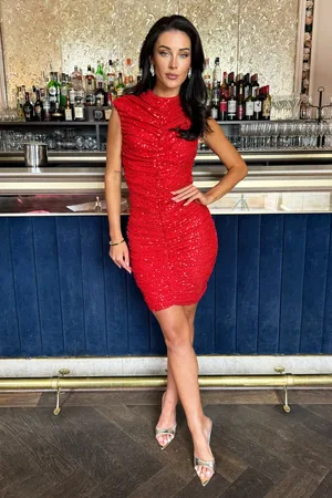 Ax Paris Sequin High Neck Ruched Bodycon Mini Dress