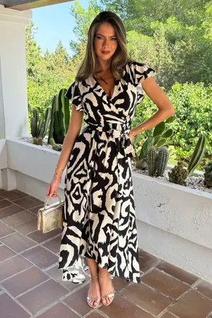 Ax Paris Black And White Abstract Print Short Sleeve Belted Wrap Midi Dress