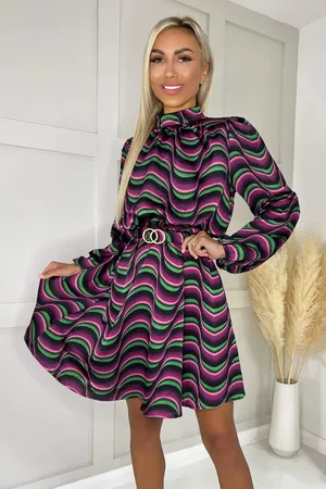 Ax Paris Print Long Sleeve High Neck Belted Skater Dress
