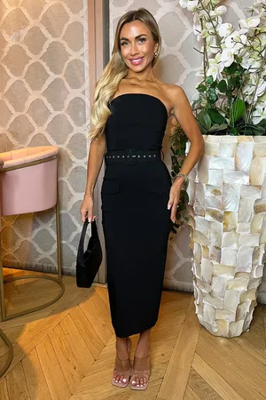 Ax Paris Stretch Cotton Strapless Belted Bodycon Midi Dress