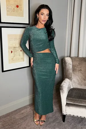 Ax Paris Sparkle Long Sleeve Cut Out Ruched Bodycon Midi Dress