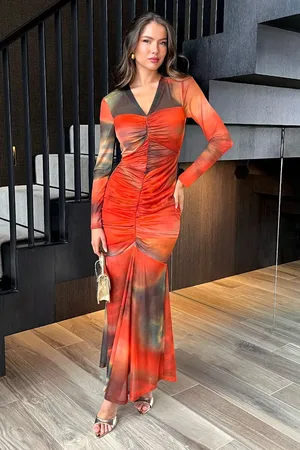 Ax Paris Ombre Mesh Contrast Ruched Front Bodycon Midi Dress