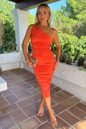 Ax Paris Burnt One Shoulder Ring Detail Ruched Bodycon Midi Dress