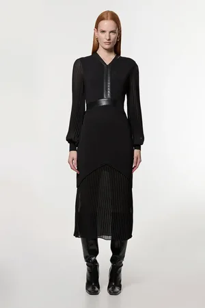 Karen Millen Woven Sleeved Pleated Dress With Pu