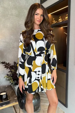 Ax Paris Geometric Print Long Sleeve Skater Mini Dress