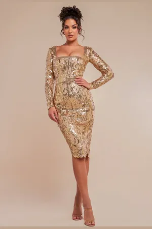 Goddiva Sequin Square Neck Bodycon Midi Dress With Scalloped Hem