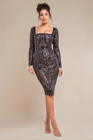 Goddiva Sequin Square Neck Bodycon Midi Dress With Scalloped Hem