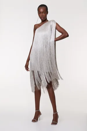 Karen Millen Figure Form Bandage One Shoulder Fringe Mini Knit Dress