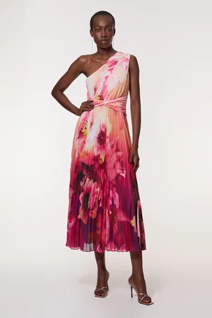 Karen Millen Ombre Floral Soft Pleated One Shoulder Maxi Dress