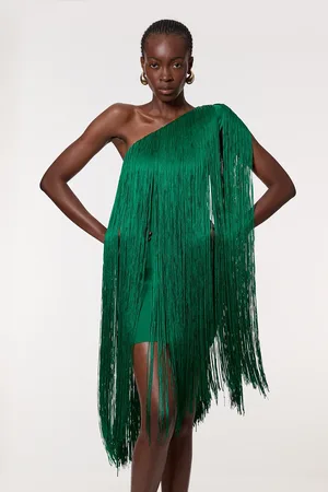 Karen Millen Figure Form Bandage One Shoulder Fringe Mini Knit Dress