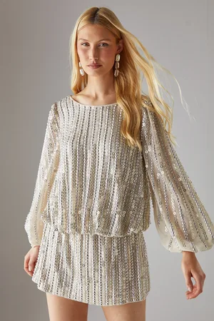 warehouse Hen Hand Embellished Sequin Slash Neck Blouson Mini Dress