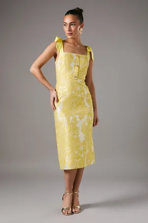 Coast Jacquard Tie Shoulder Button Through Pencil Midi Dress