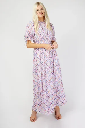 Little Mistress Check Print Shirred Midi Dress
