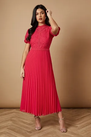 Oasis Lace Puff Sleeve Pleated Midi Dress