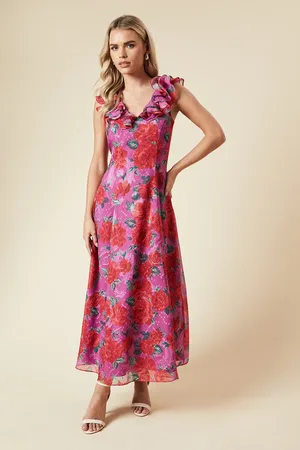 Dorothy Perkins Petite DP Luxe Printed Jacquard Chiffon Ruffle Front Sleeveless Midi Dress