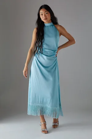 warehouse Petite Crinkle Satin Halter Fringe Midi Dress