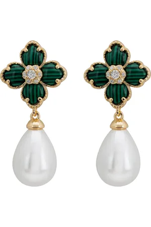 Latelita Flower Clover Pearl Drop Earrings Malachite Gold