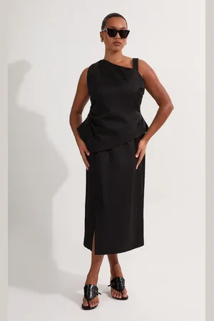 Karen Millen Plus Size Premium Viscose Linen Asymmetric Neck Tailored Pencil Maxi Dress