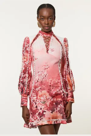 Karen Millen Tall Trailing Floral Woven High Neck Mini Dress