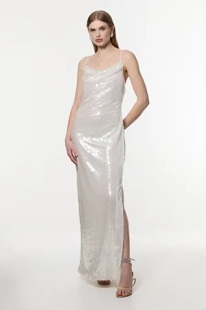 Karen Millen Petite Liquid Shine Strappy Cowl Neck Woven Sequin Dress