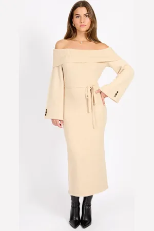 Little Mistress Oatmeal Knit Bardot Midaxi Dress