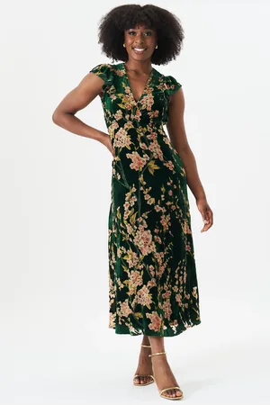 Gini London Green Floral Devore Ruffle V Neck Midaxi Dress