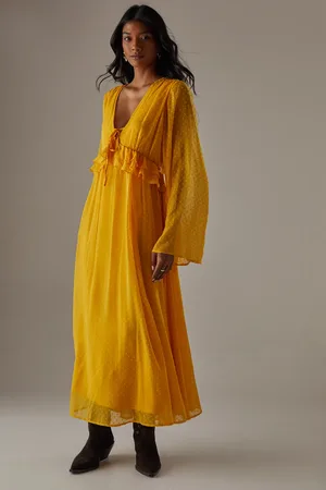 warehouse Dobby Chiffon Plunge Neck Ruffle Midi Smock Dress